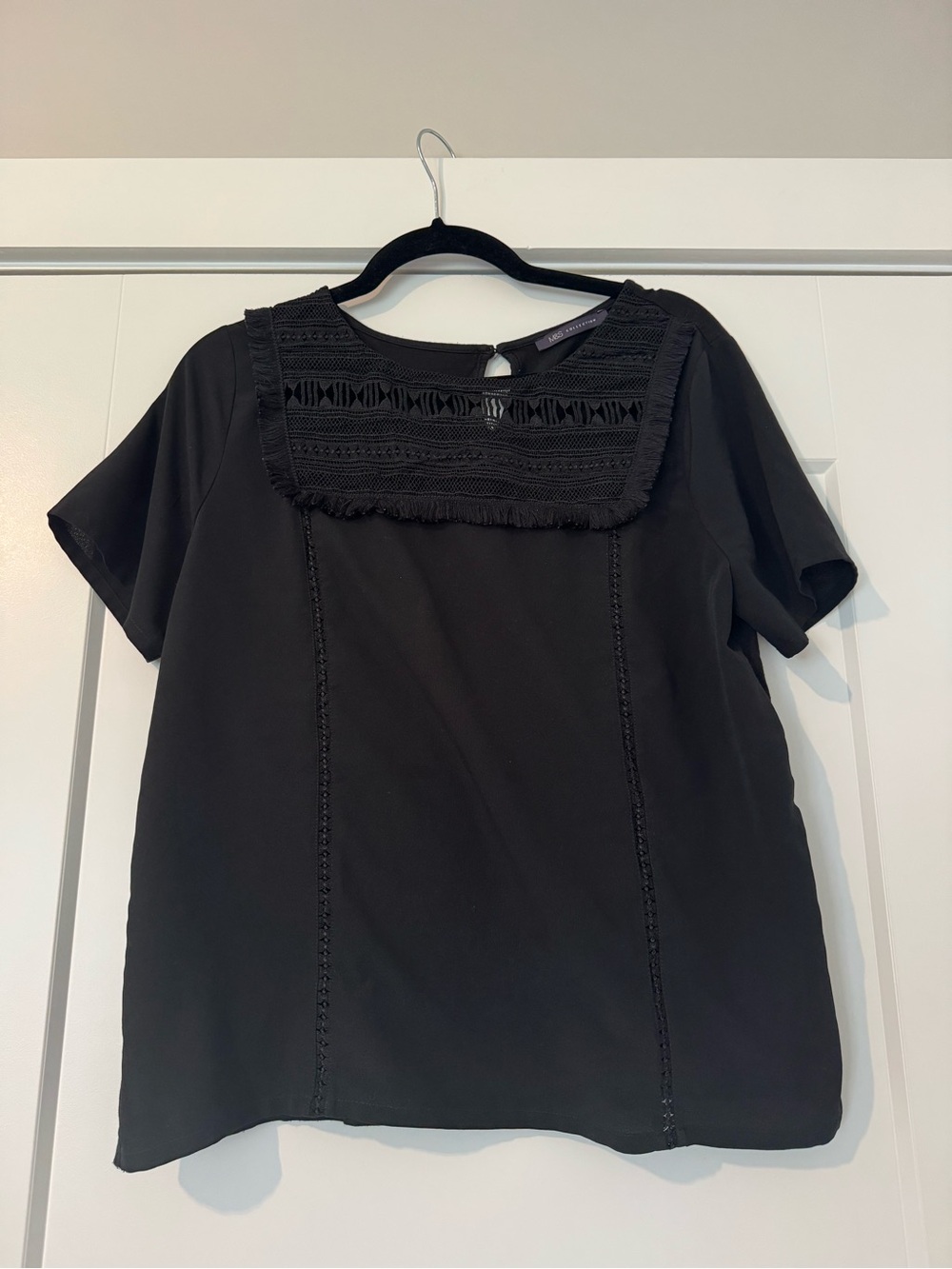 Black Short Sleeve Top with Crochet Yoke